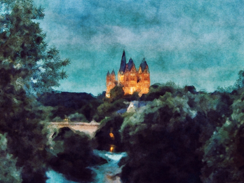Das bekannte Limburger Panorama mit Blick auf den Dom bei Nacht in Watercolor