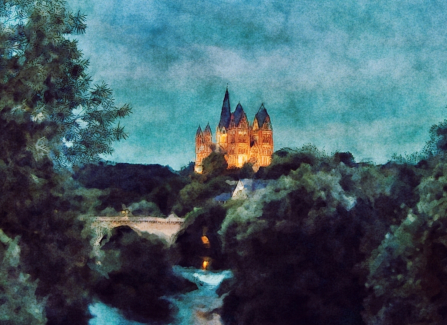Das bekannte Limburger Panorama mit Blick auf den Dom am Abend wurde durch die Watercolor-Bearbeitung zum dekorativen Hingucker.