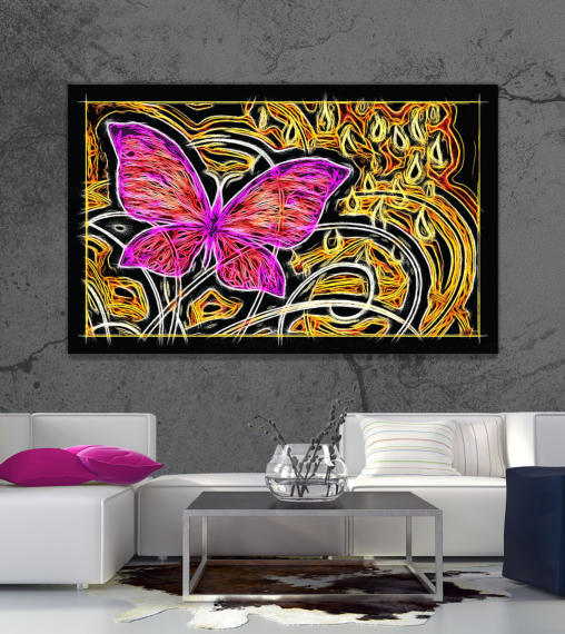 Raum, in dem an der Wand hinter einer Sitzgruppe ein großes Bild mit einem abstrakten Schmetterlingsmotiv hängt