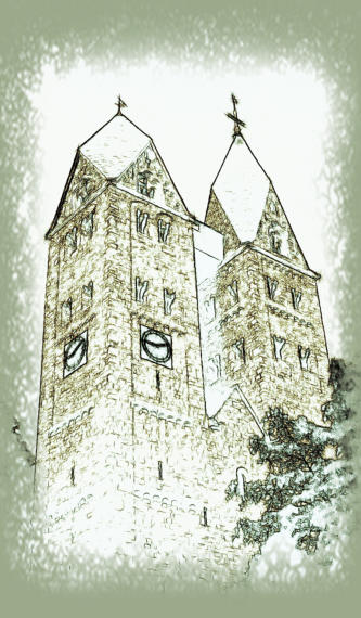 Die St.-Lubentius-Kirche in Dietkirchen als Zeichnung